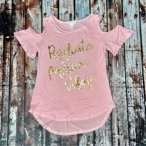 Btween Pink Shoulder Cutout Top "Radiate Positive Vibes"